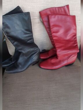 Classic Women's Knee-High Leather Boots in Red and Dark Grey